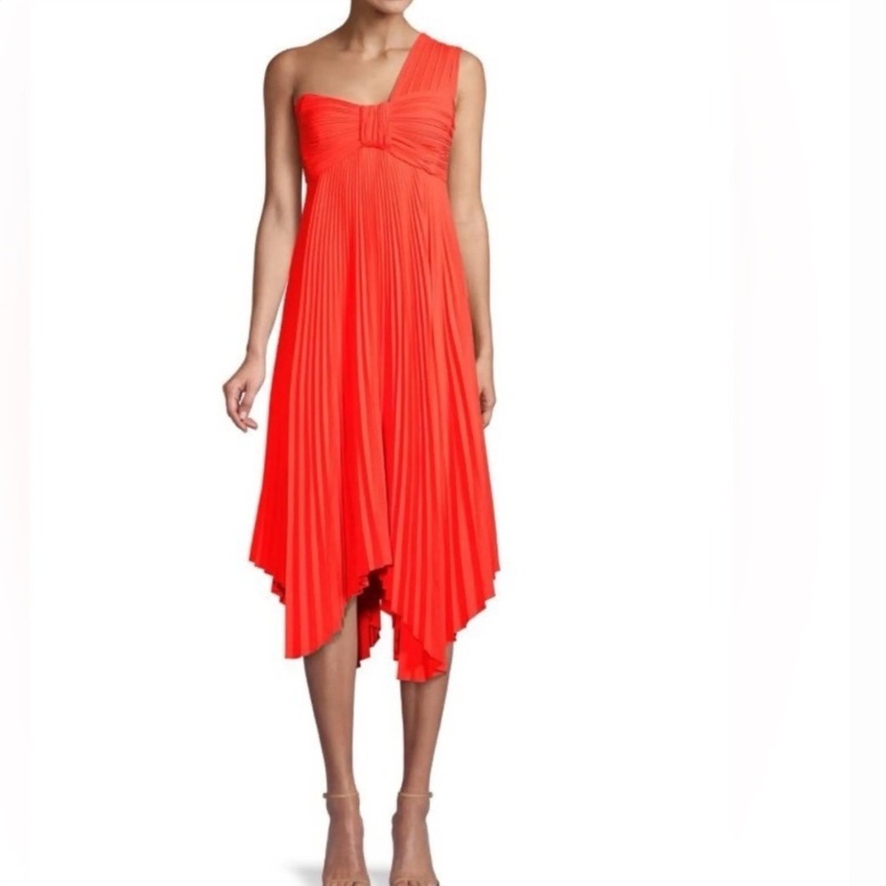 A.L.C. Neon‎ Orange One Shoulder Pleated Handkerchief Hem Midi Dress Size 8